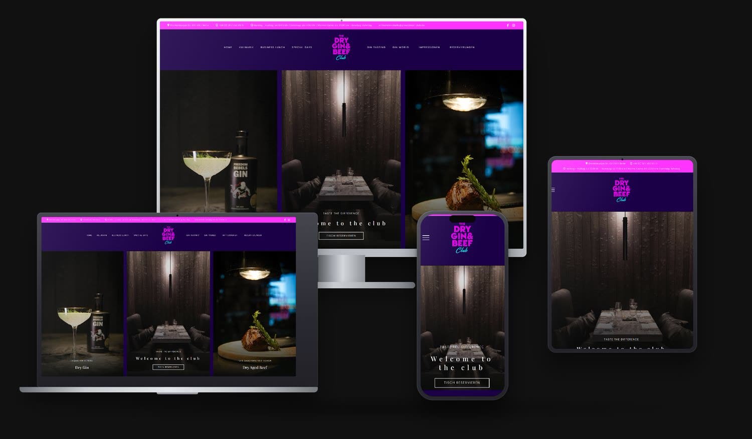 Website des Dry Gin und Beef Club auf mehreren Geräten